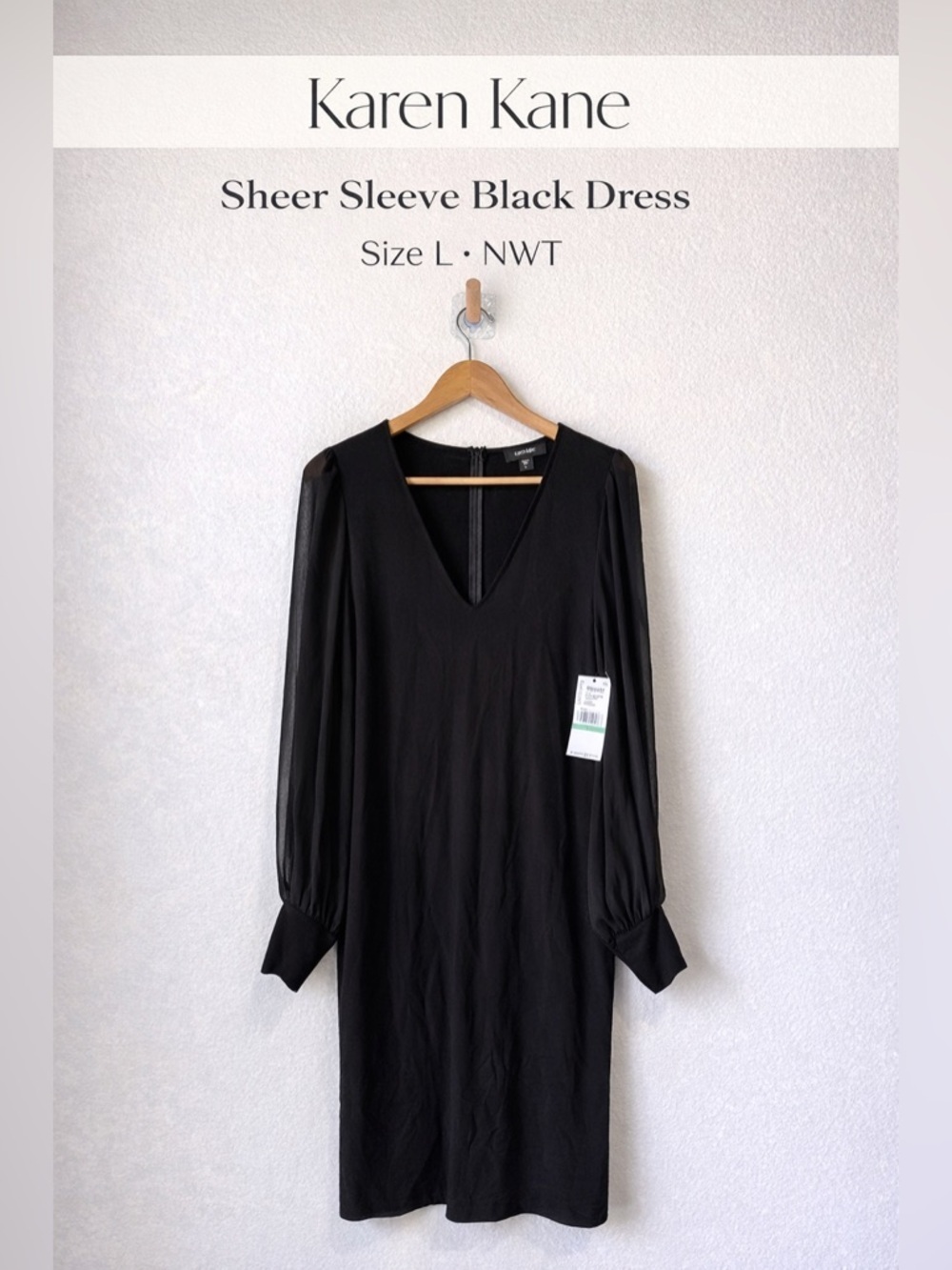 Karen Kane Sheer Sleeve Black Dress NWT Size Large V-Neck Classic